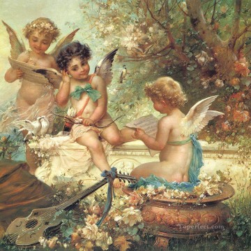 floral angels and guitar Hans Zatzka kid child Oil Paintings